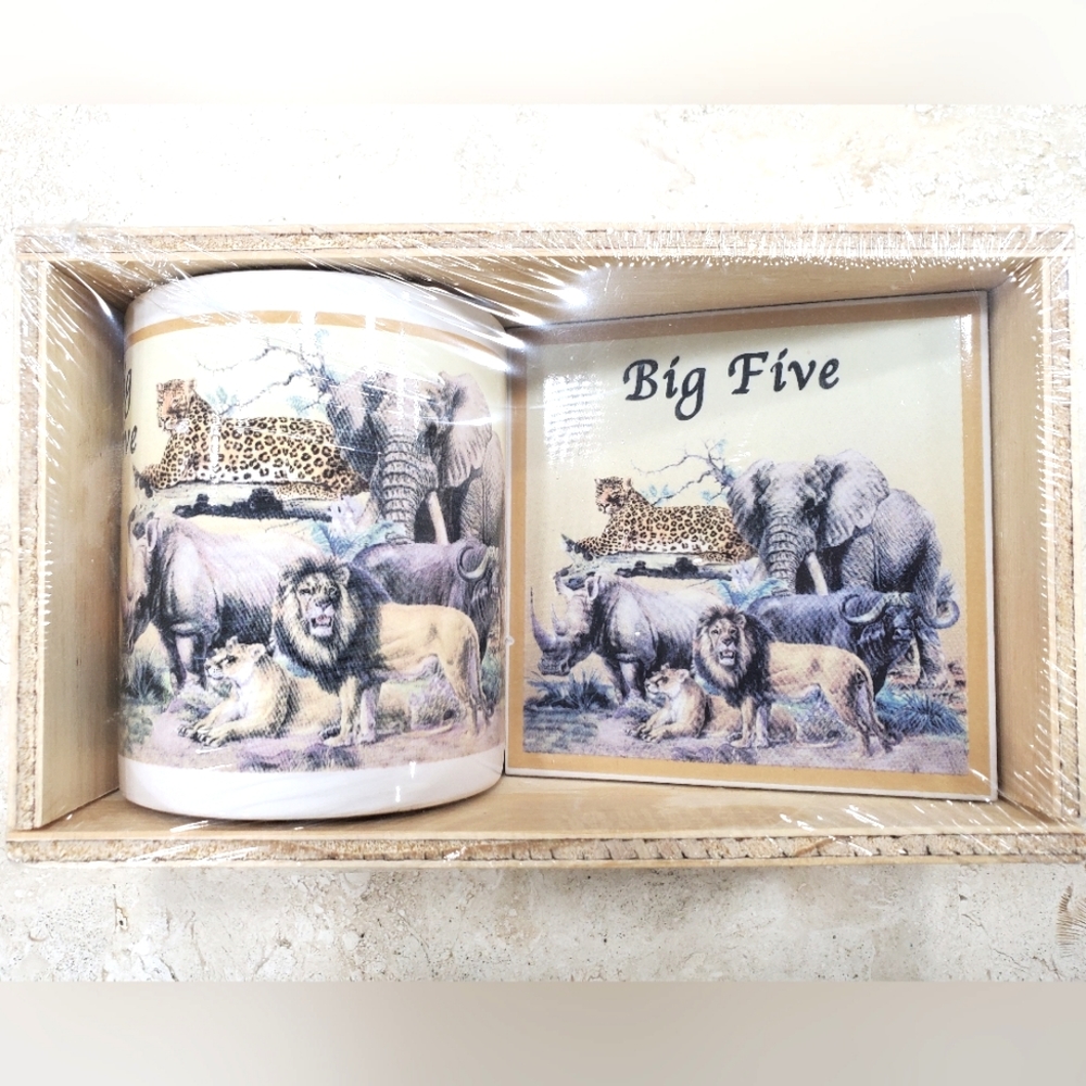 The Big Five mug and coaster set in wood box coffee cup safari animals Gift Set